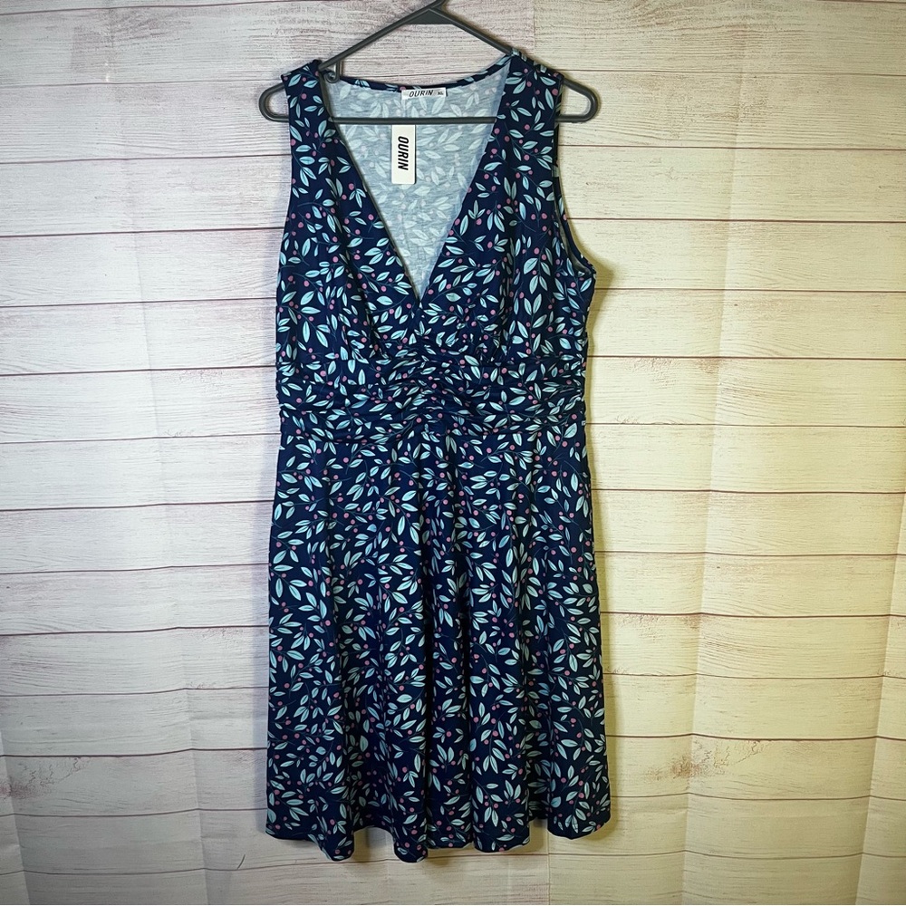 Ourin NEW V-neck‎ dress Blue Pink Leaf Print Sleeveless Dress Size XL